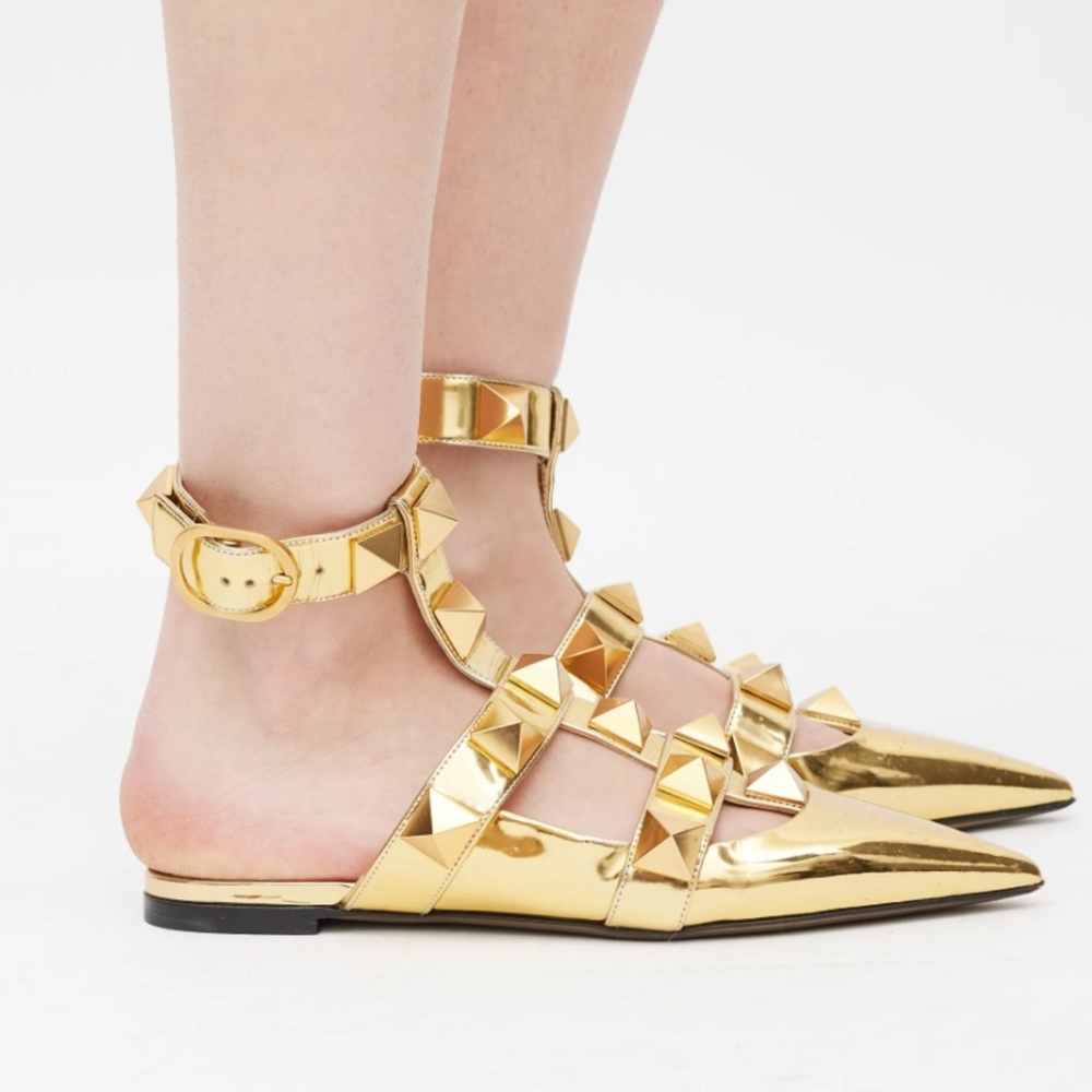 NWOB VALENTINO Garavani Roman Stud metallic ankle wrap ballerina flat